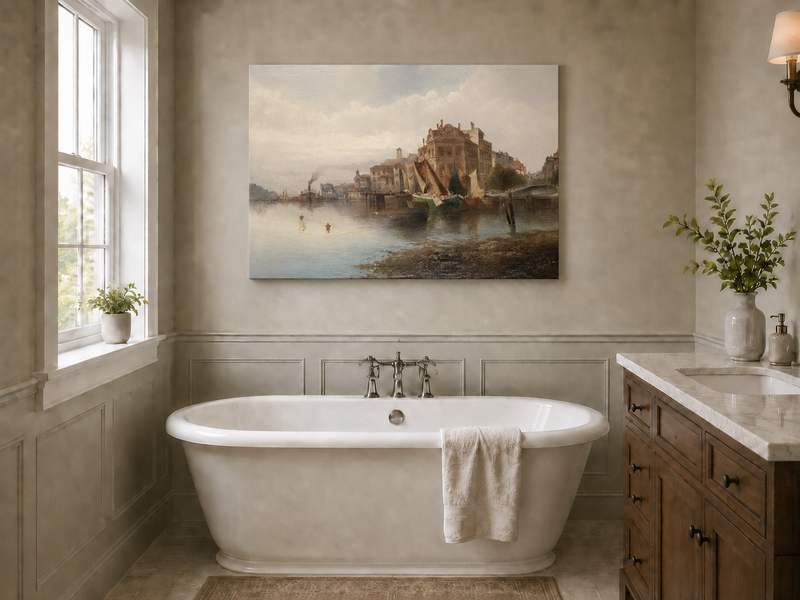 Landscape Oil Painting - Riverfront City Port & Historic
