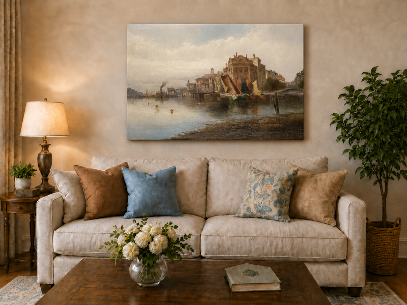 Landscape Oil Painting - Riverfront City Port & Historic