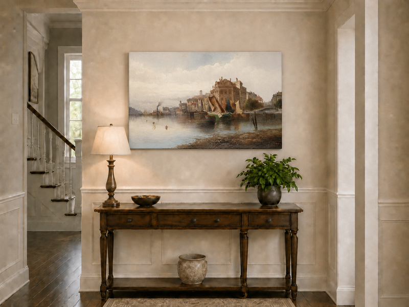 Landscape Oil Painting - Riverfront City Port & Historic