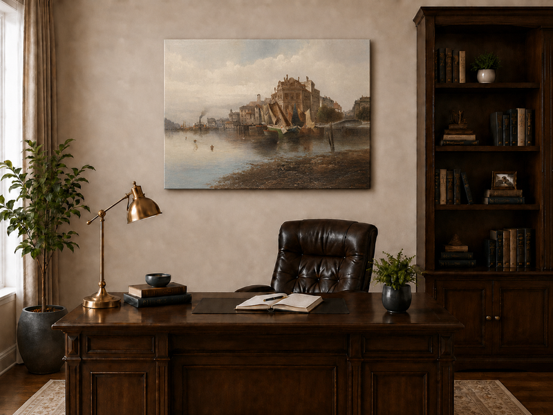 Landscape Oil Painting - Riverfront City Port & Historic