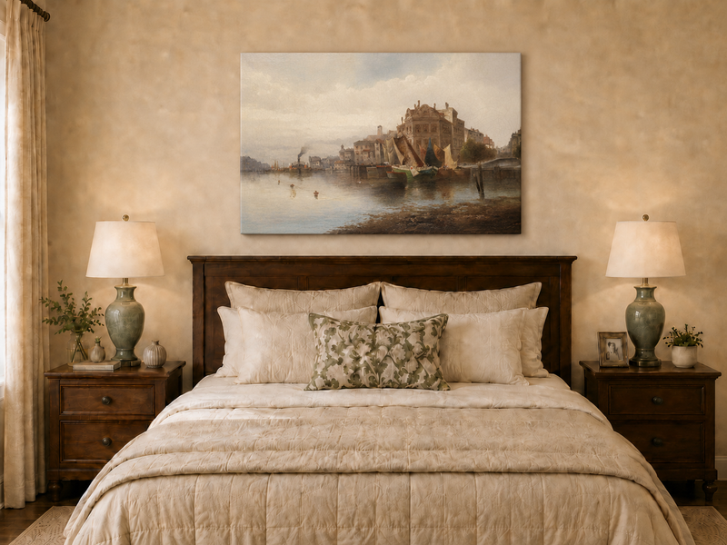 Landscape Oil Painting - Riverfront City Port & Historic