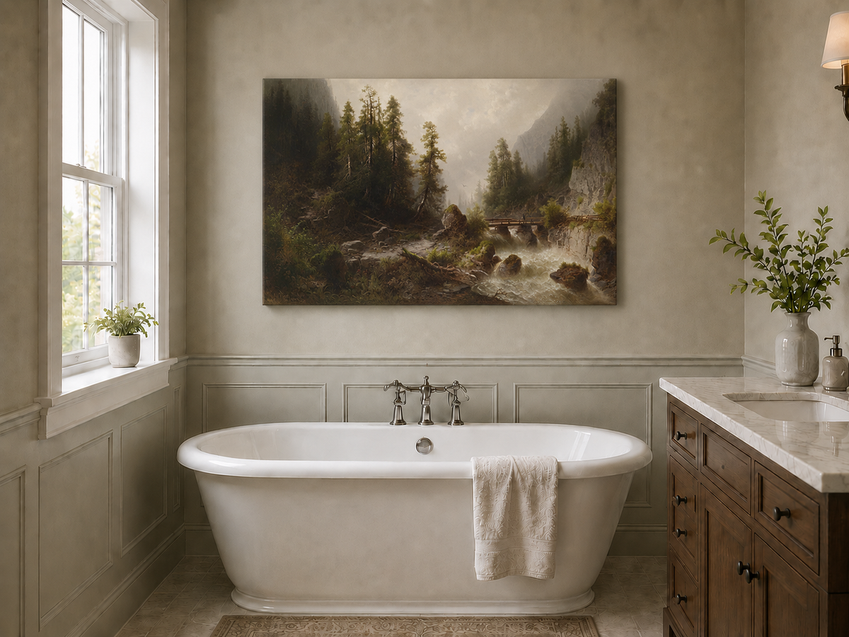 Peinture à l'huile de paysage - Gorge de montagne, ruisseau forestier, en bois