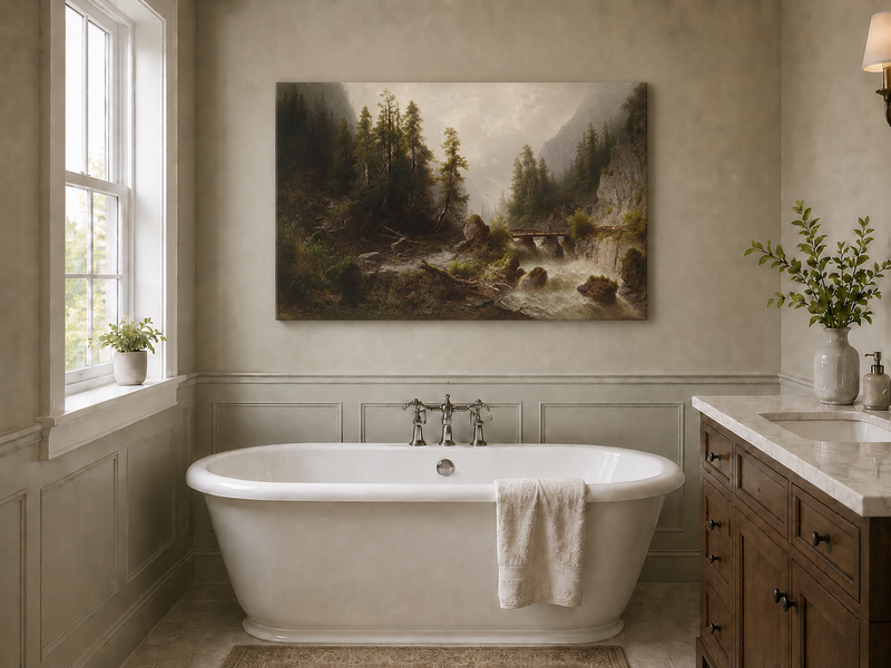 Peinture à l'huile de paysage - Gorge de montagne, ruisseau forestier, en bois