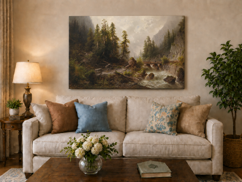 Peinture à l'huile de paysage - Gorge de montagne, ruisseau forestier, en bois
