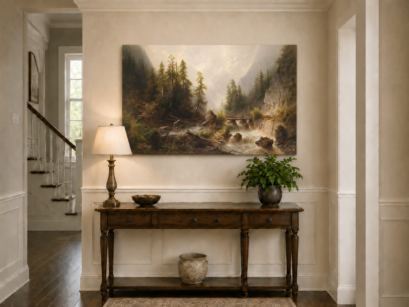 Peinture à l'huile de paysage - Gorge de montagne, ruisseau forestier, en bois