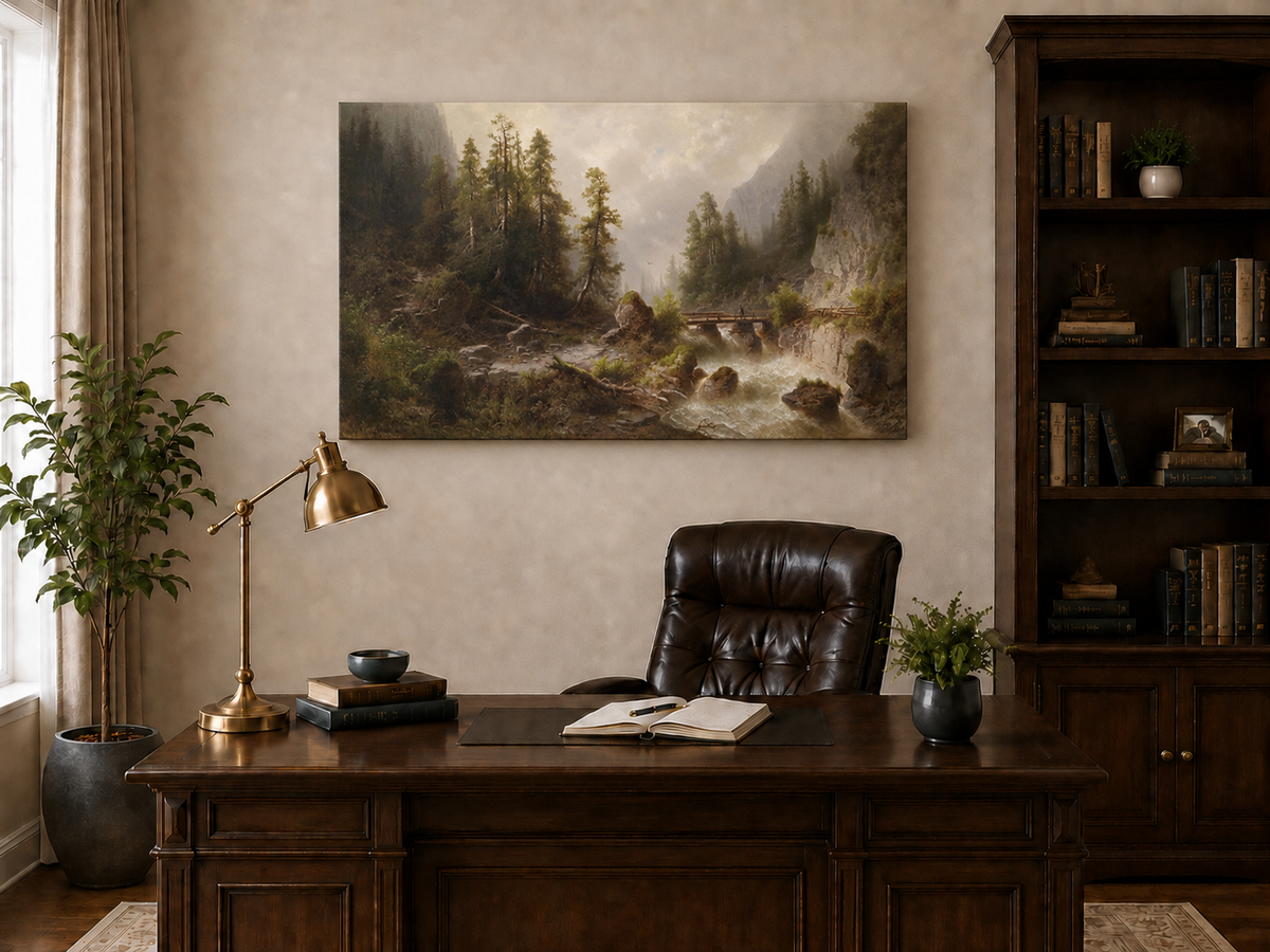 Peinture à l'huile de paysage - Gorge de montagne, ruisseau forestier, en bois