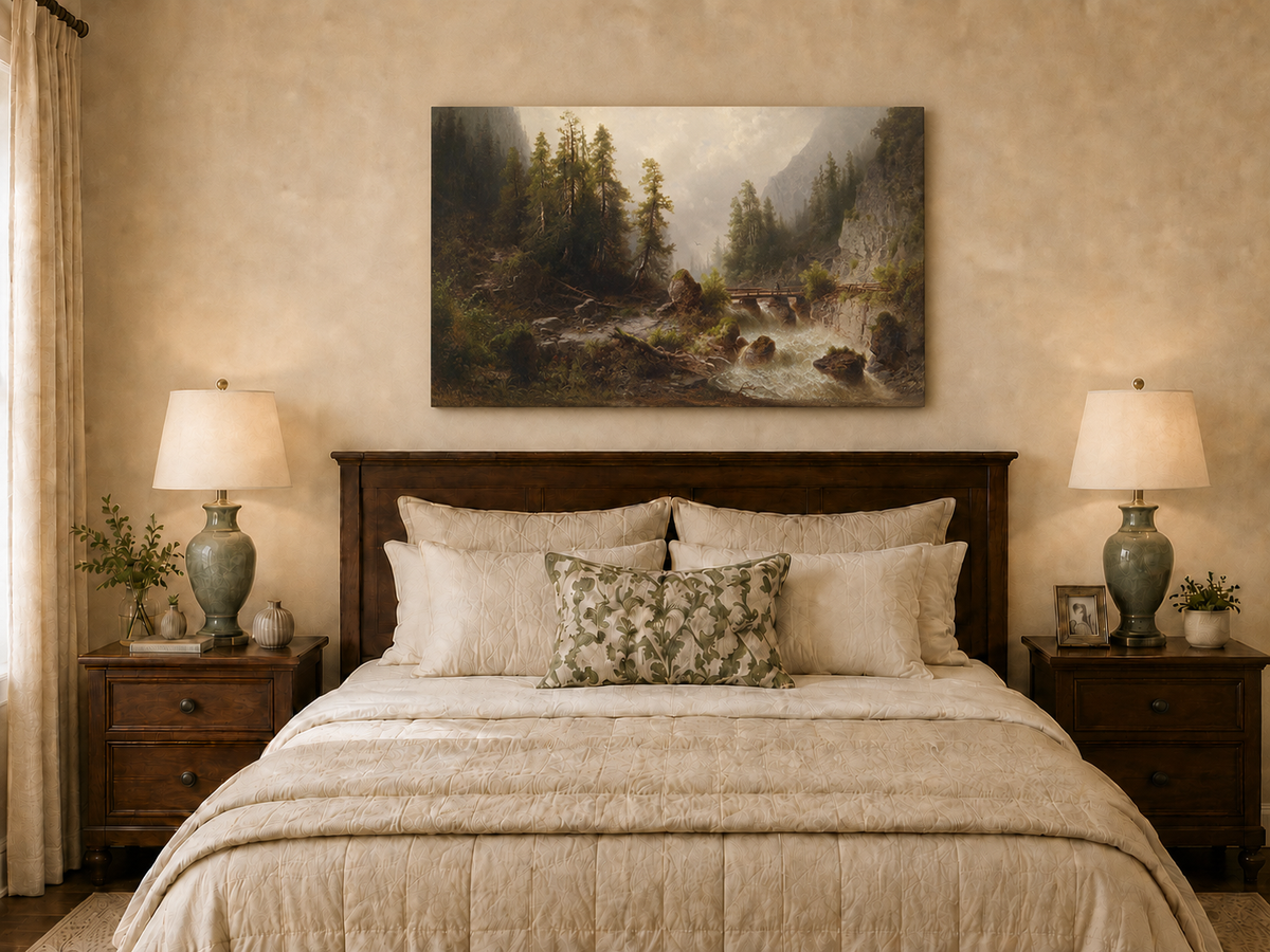 Peinture à l'huile de paysage - Gorge de montagne, ruisseau forestier, en bois