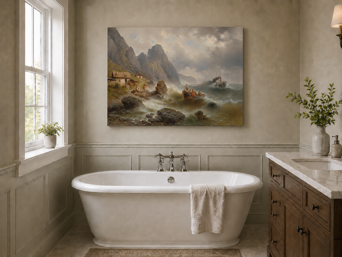 Landscape Oil Painting - Stormy Coast Fishermen | Hand-Painted