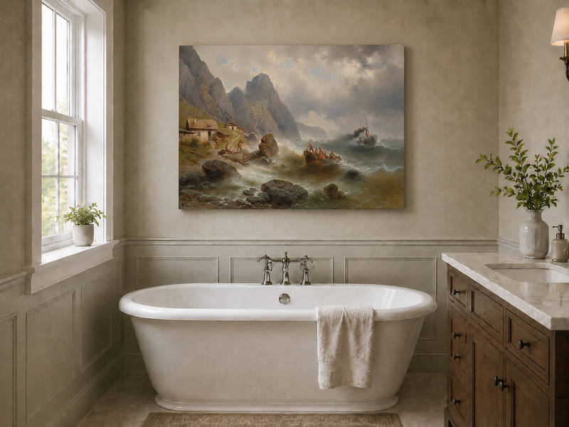 Landscape Oil Painting - Stormy Coast Fishermen | Hand-Painted
