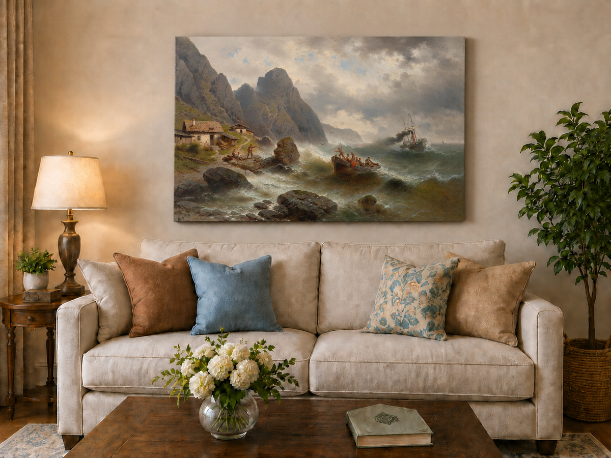 Landscape Oil Painting - Stormy Coast Fishermen | Hand-Painted