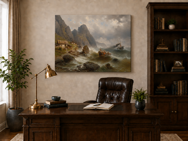Landscape Oil Painting - Stormy Coast Fishermen | Hand-Painted