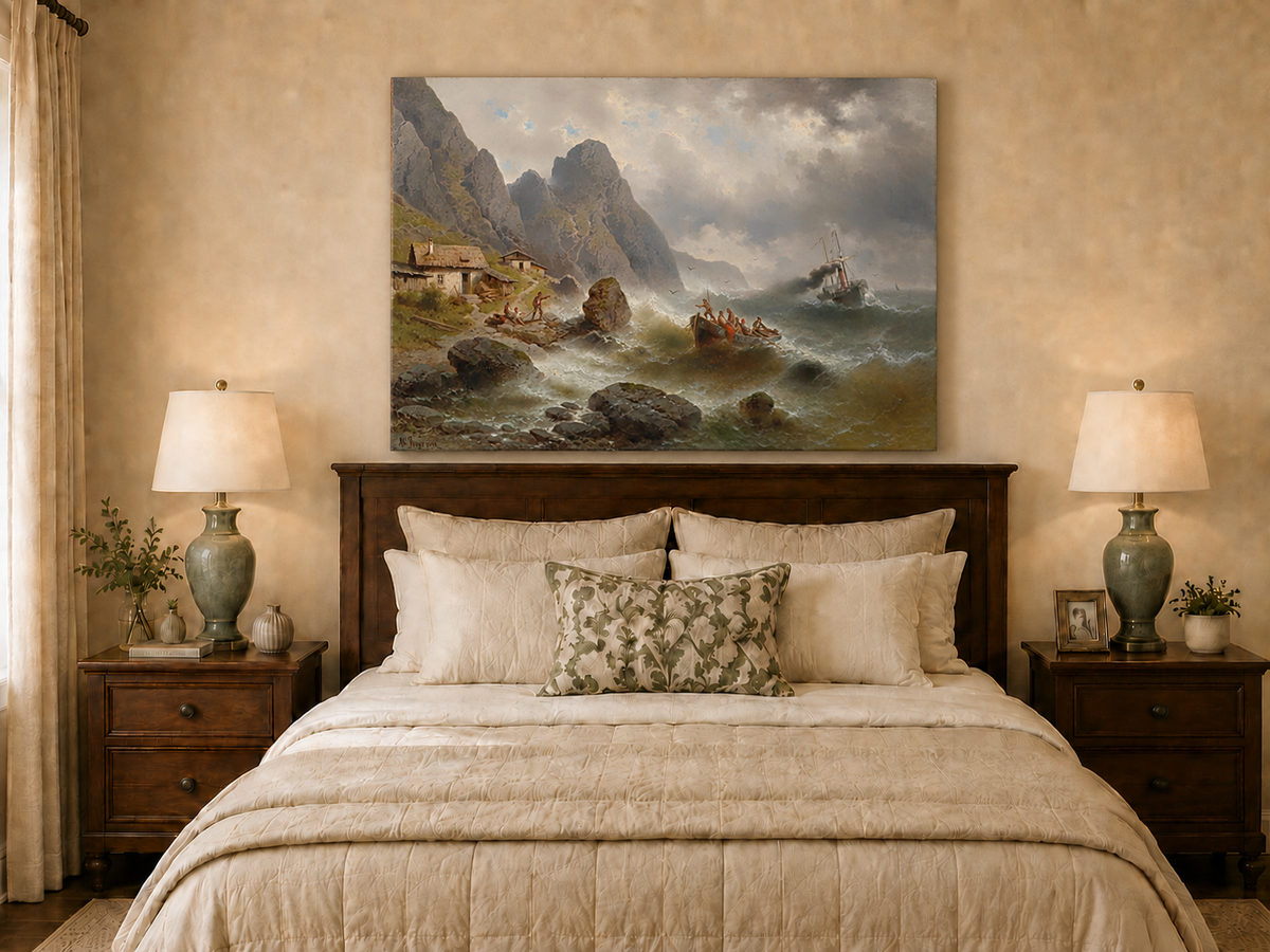 Landscape Oil Painting - Stormy Coast Fishermen | Hand-Painted