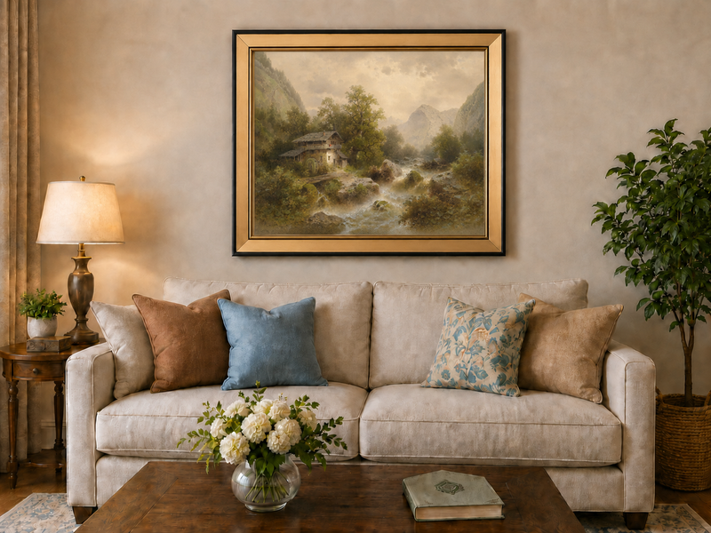 Landscape Oil Painting - Alpine Valley Watermill Cottage