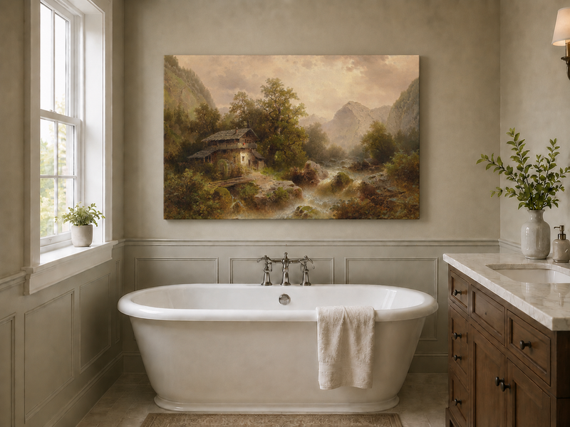 Landscape Oil Painting - Alpine Valley Watermill Cottage