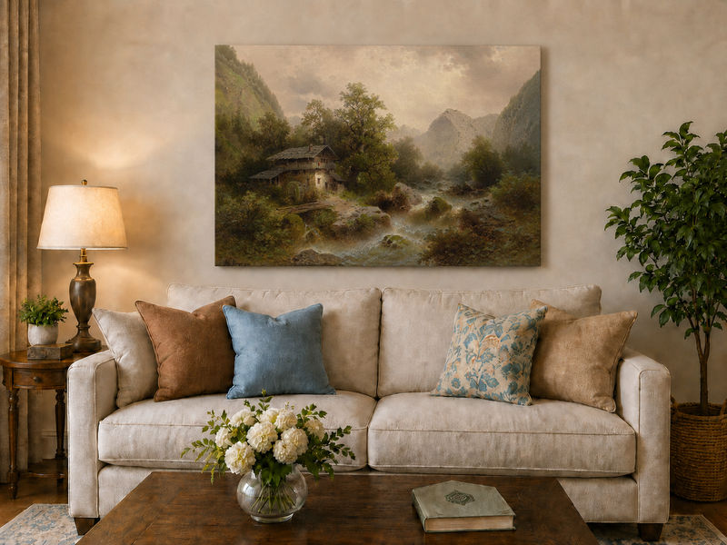 Landscape Oil Painting - Alpine Valley Watermill Cottage
