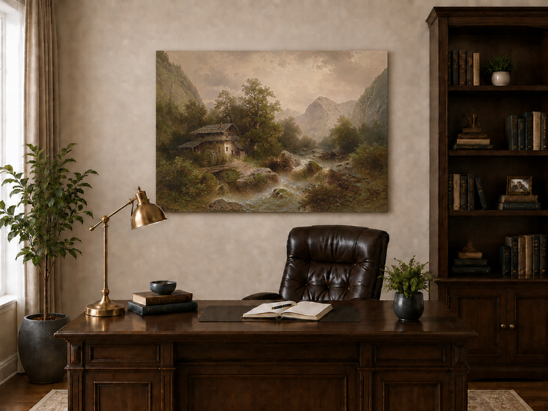 Landscape Oil Painting - Alpine Valley Watermill Cottage