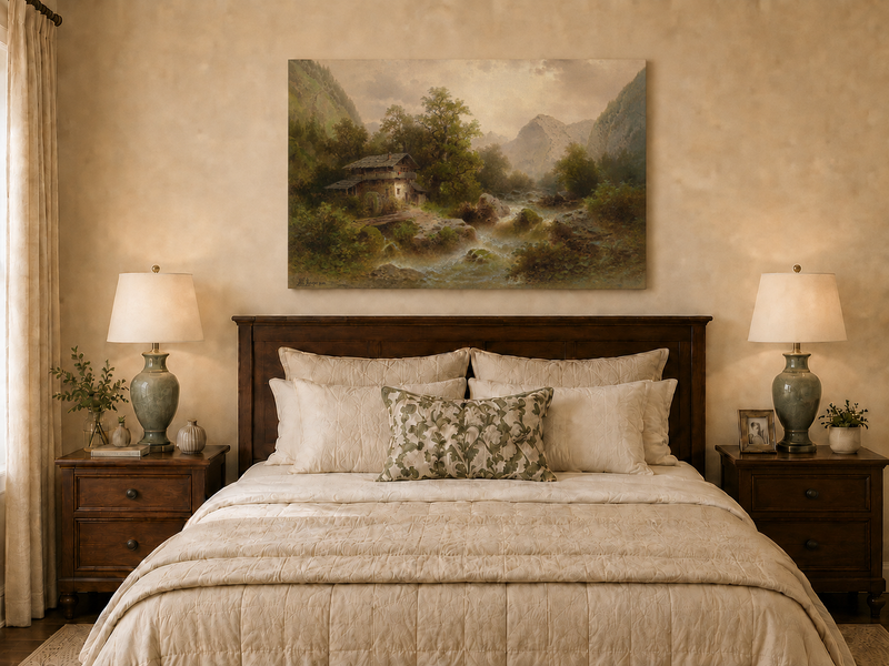 Landscape Oil Painting - Alpine Valley Watermill Cottage
