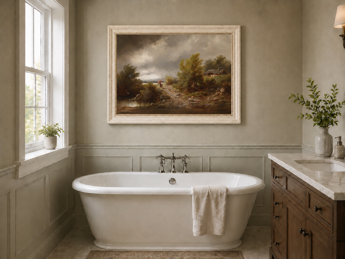 Peinture à l'huile de paysage - Chemin rural sous un ciel orageux