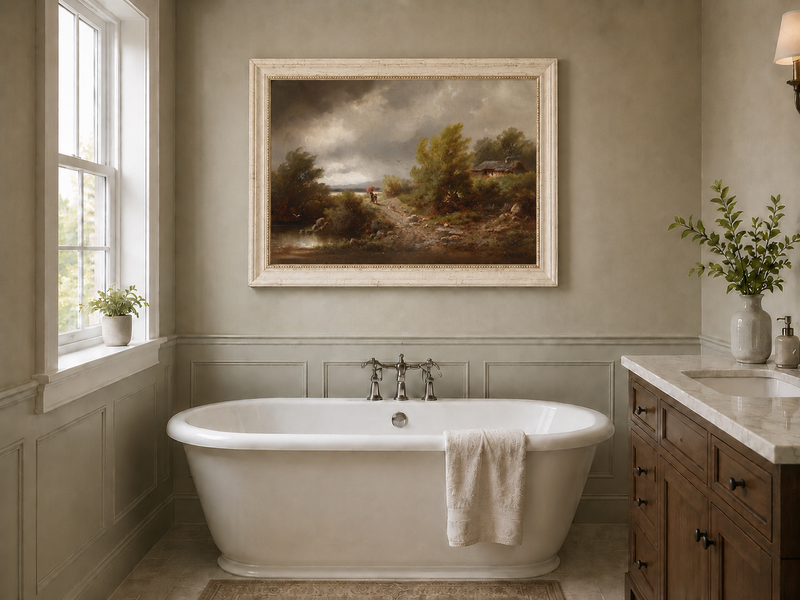 Peinture à l'huile de paysage - Chemin rural sous un ciel orageux