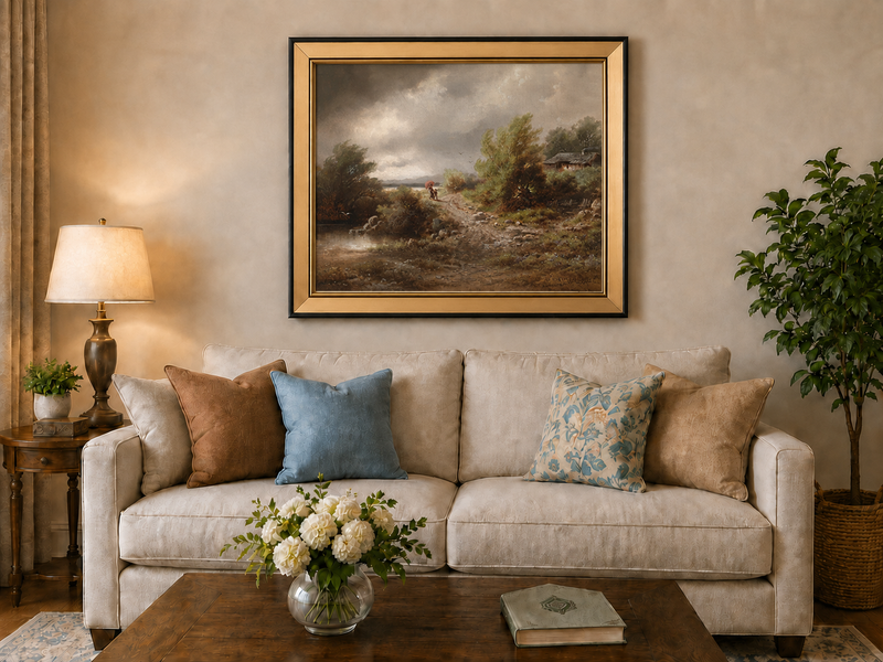 Peinture à l'huile de paysage - Chemin rural sous un ciel orageux