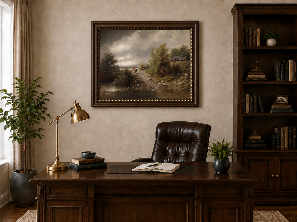 Peinture à l'huile de paysage - Chemin rural sous un ciel orageux