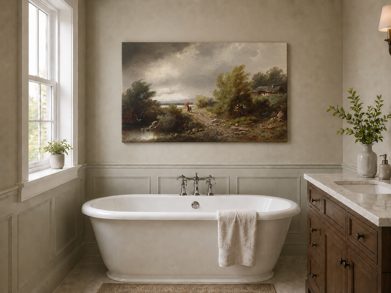 Peinture à l'huile de paysage - Chemin rural sous un ciel orageux