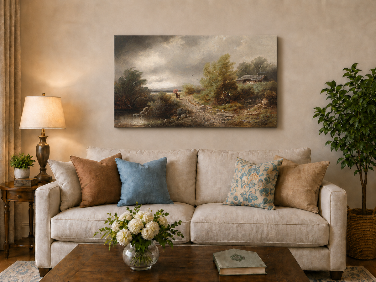 Peinture à l'huile de paysage - Chemin rural sous un ciel orageux