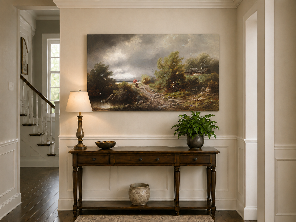 Peinture à l'huile de paysage - Chemin rural sous un ciel orageux