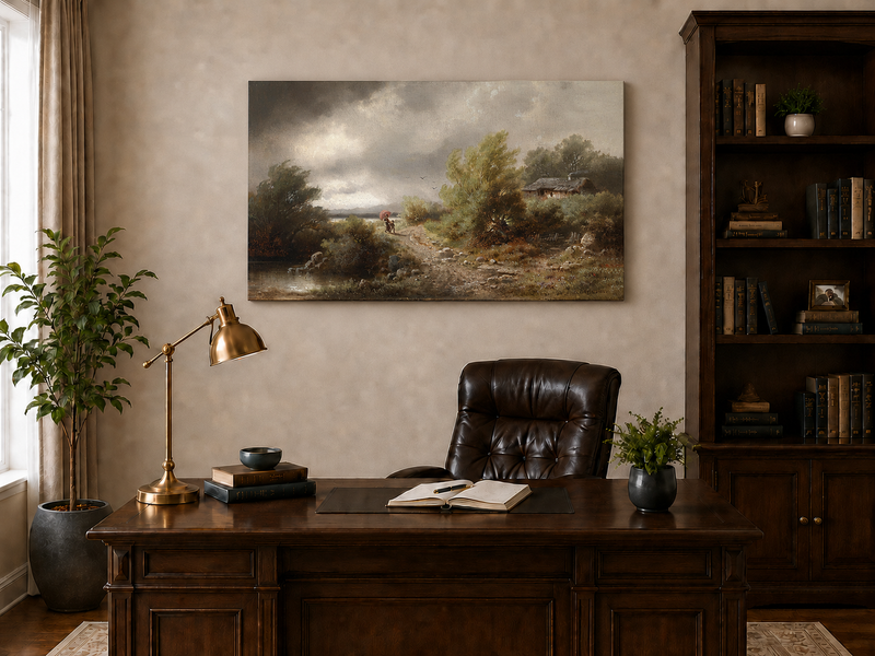 Peinture à l'huile de paysage - Chemin rural sous un ciel orageux