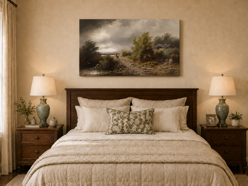 Peinture à l'huile de paysage - Chemin rural sous un ciel orageux