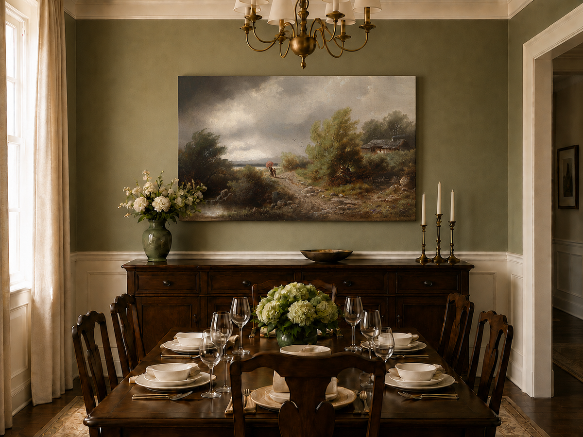 Peinture à l'huile de paysage - Chemin rural sous un ciel orageux