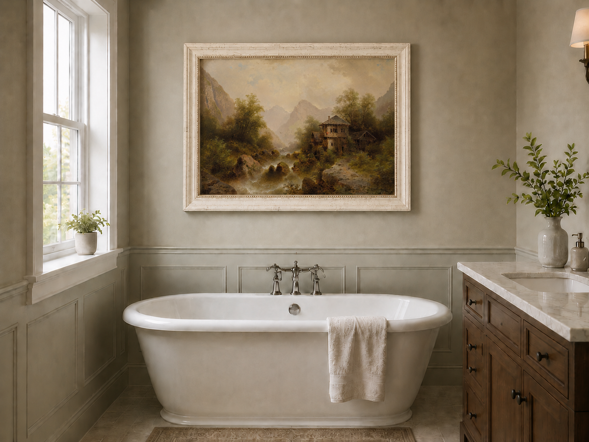 Peinture à l'huile de paysage - Moulin à eau de la vallée, chalet et montagne
