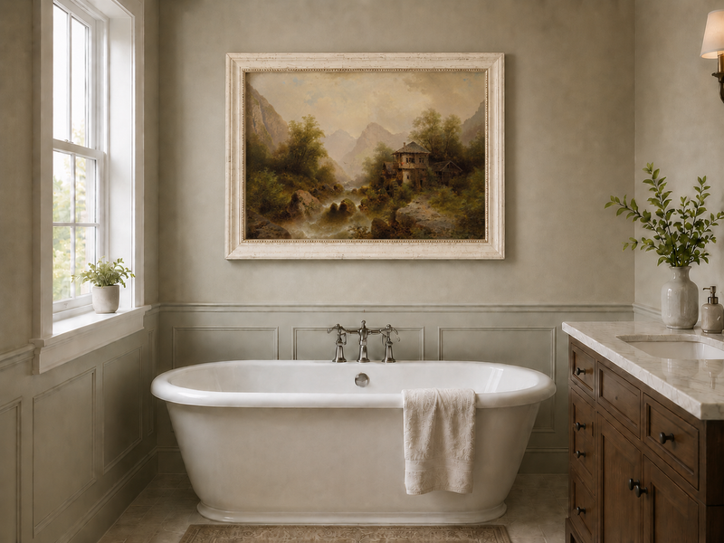 Peinture à l'huile de paysage - Moulin à eau de la vallée, chalet et montagne