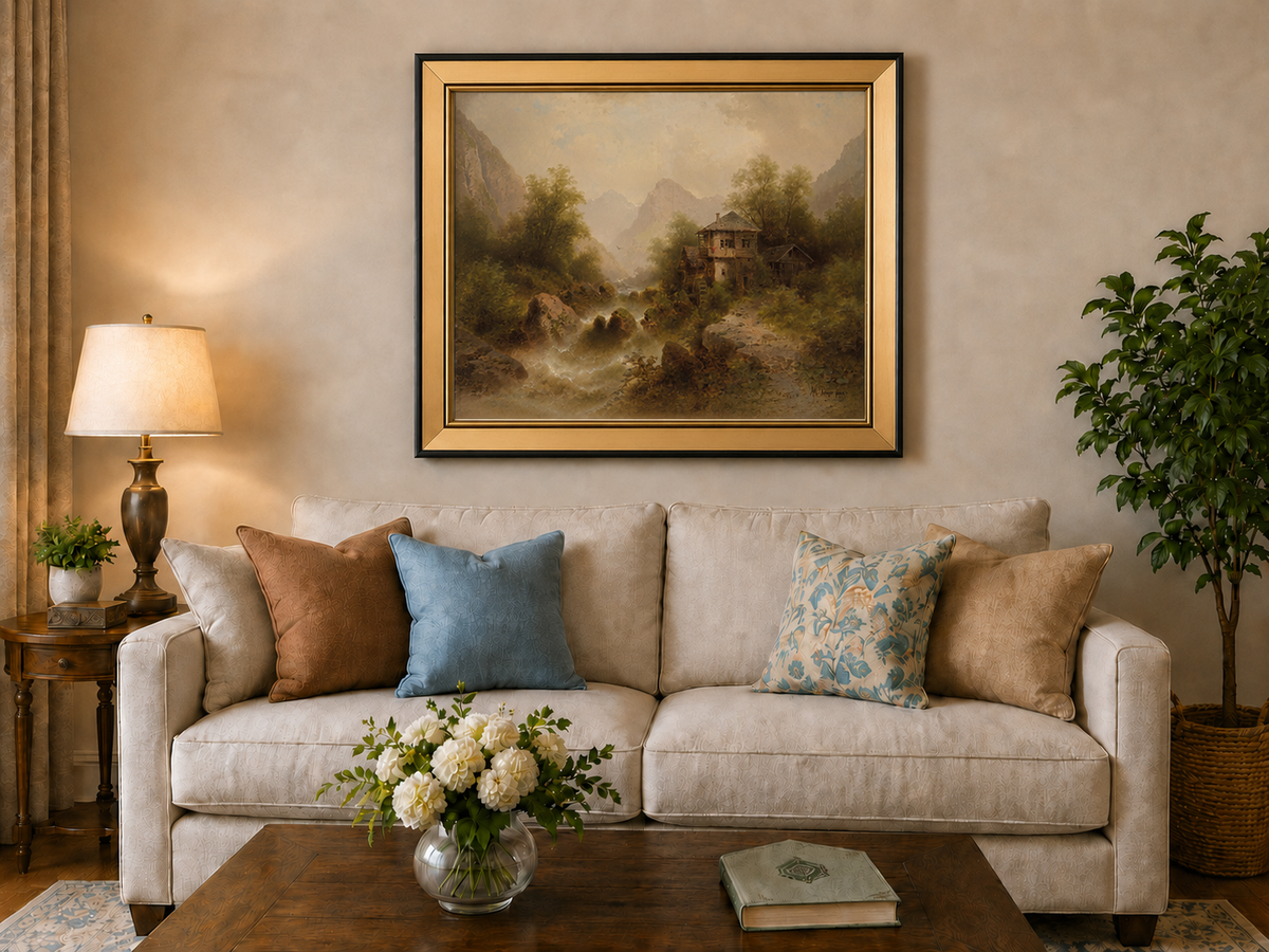 Peinture à l'huile de paysage - Moulin à eau de la vallée, chalet et montagne