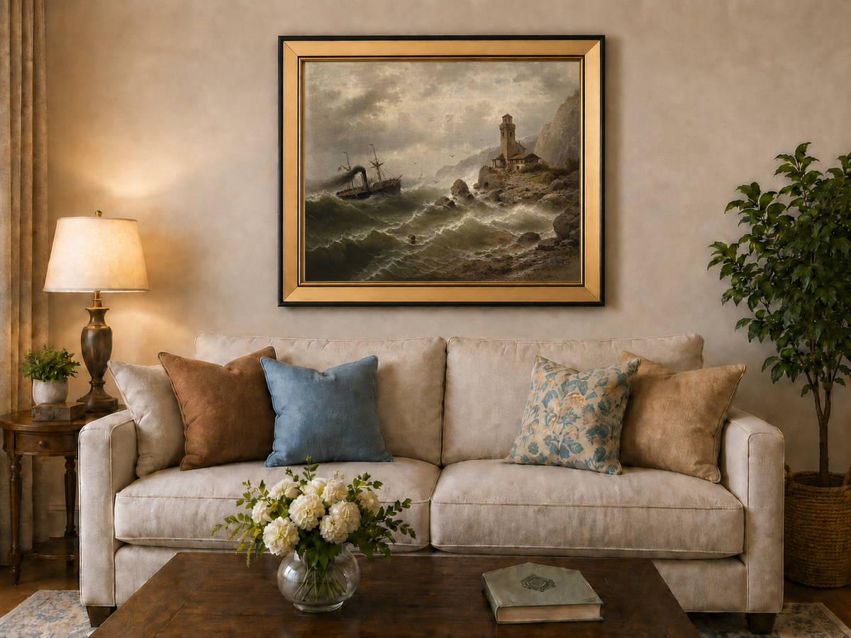 Landscape Oil Painting - Steamboat in Seas, Coastal Tower, Waves