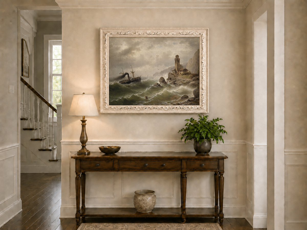Landscape Oil Painting - Steamboat in Seas, Coastal Tower, Waves