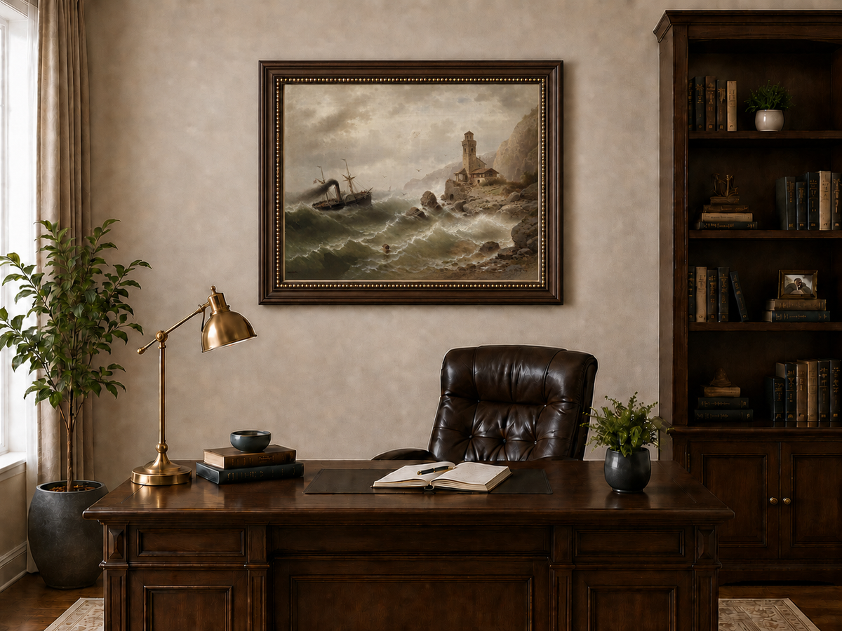 Landscape Oil Painting - Steamboat in Seas, Coastal Tower, Waves