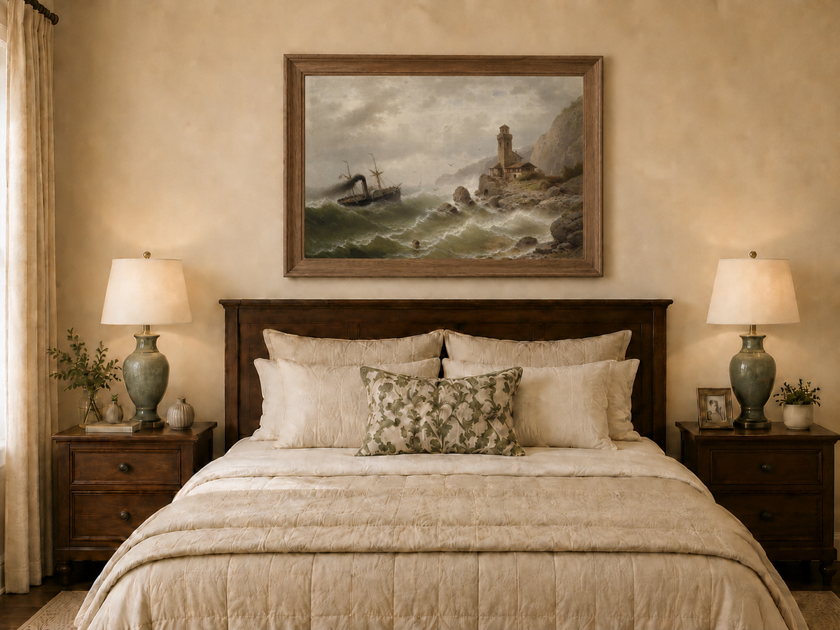 Landscape Oil Painting - Steamboat in Seas, Coastal Tower, Waves