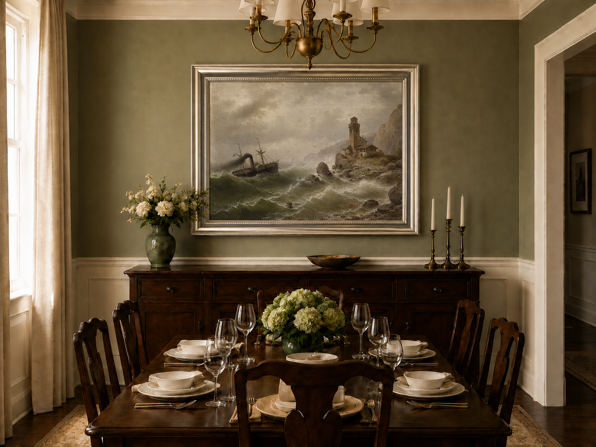 Landscape Oil Painting - Steamboat in Seas, Coastal Tower, Waves
