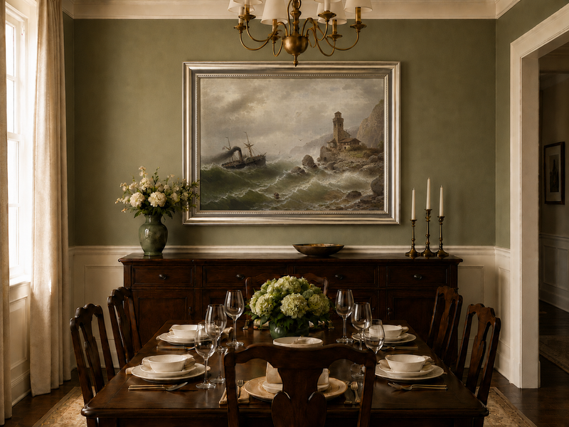 Landscape Oil Painting - Steamboat in Seas, Coastal Tower, Waves