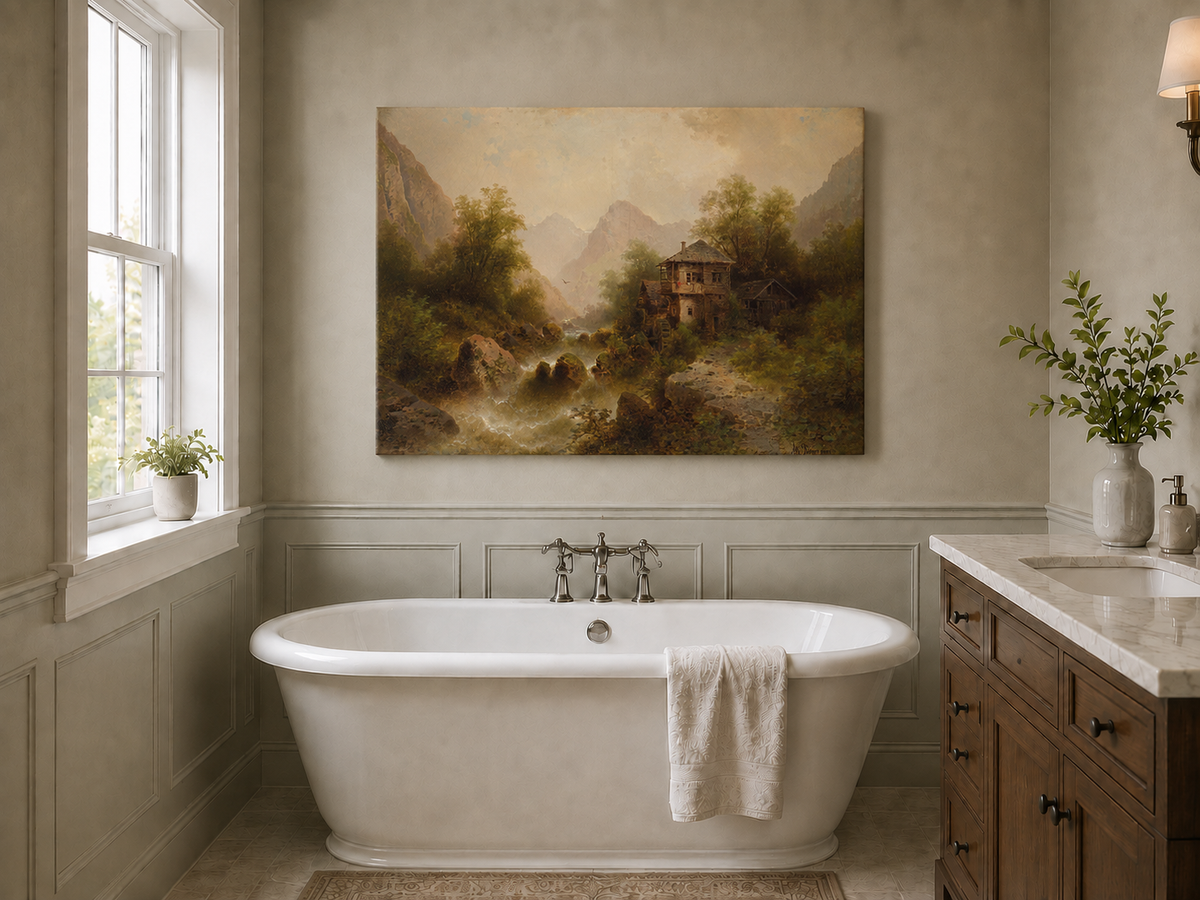 Peinture à l'huile de paysage - Moulin à eau de la vallée, chalet et montagne