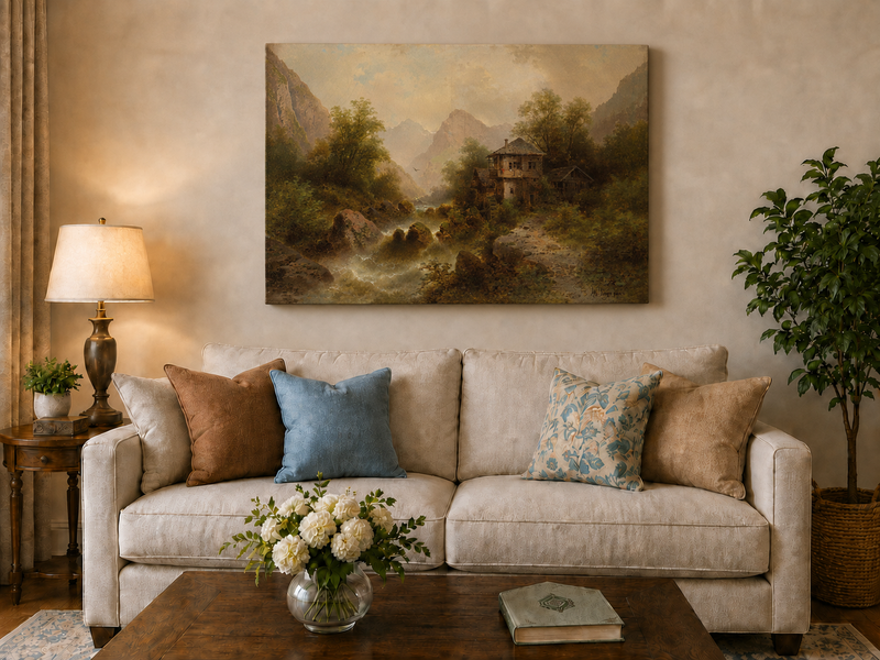 Peinture à l'huile de paysage - Moulin à eau de la vallée, chalet et montagne