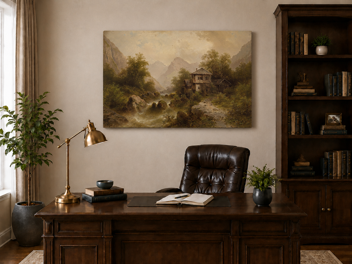 Peinture à l'huile de paysage - Moulin à eau de la vallée, chalet et montagne