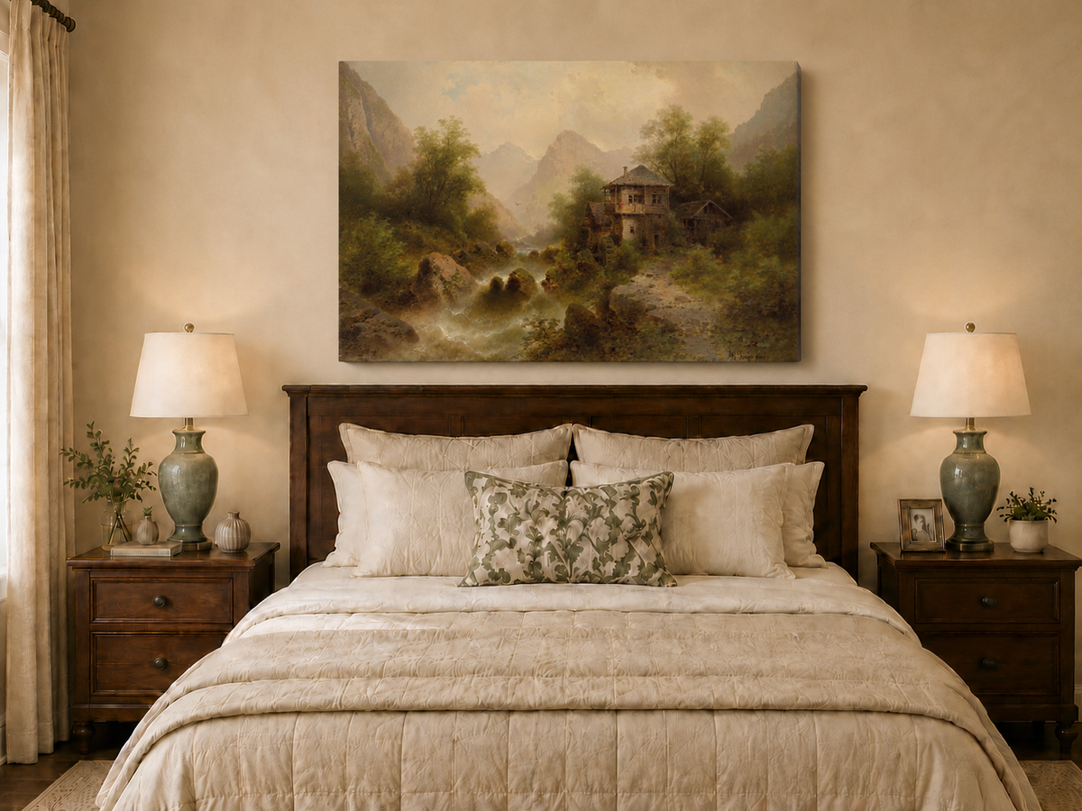 Peinture à l'huile de paysage - Moulin à eau de la vallée, chalet et montagne