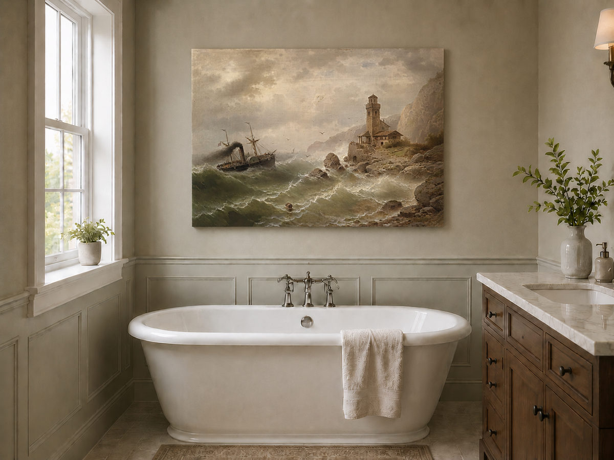 Landscape Oil Painting - Steamboat in Seas, Coastal Tower, Waves