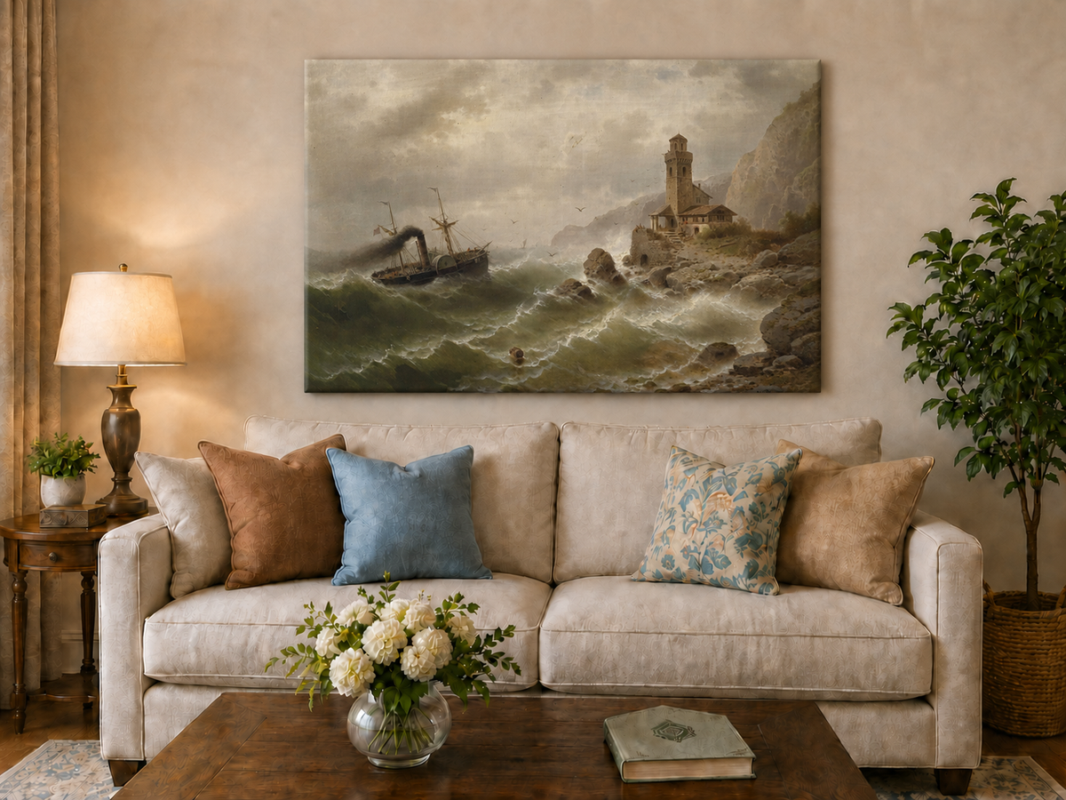 Landscape Oil Painting - Steamboat in Seas, Coastal Tower, Waves