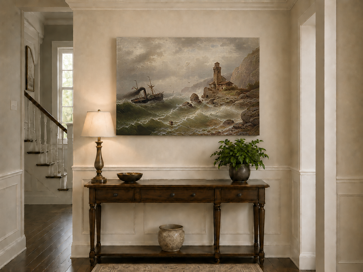 Landscape Oil Painting - Steamboat in Seas, Coastal Tower, Waves