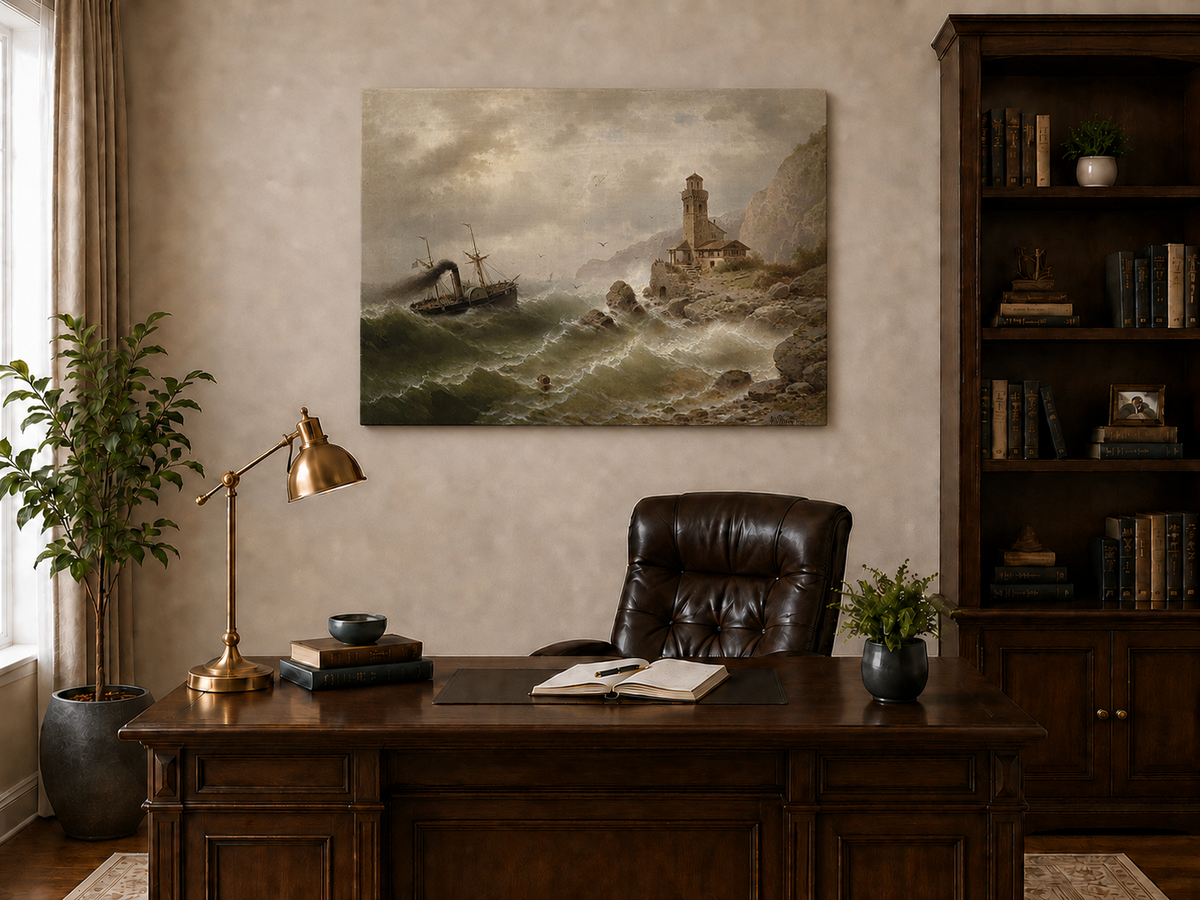 Landscape Oil Painting - Steamboat in Seas, Coastal Tower, Waves