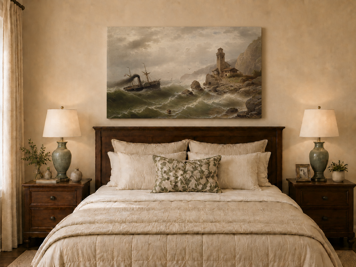 Landscape Oil Painting - Steamboat in Seas, Coastal Tower, Waves