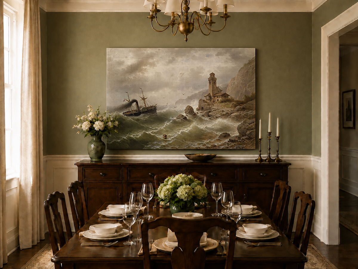 Landscape Oil Painting - Steamboat in Seas, Coastal Tower, Waves